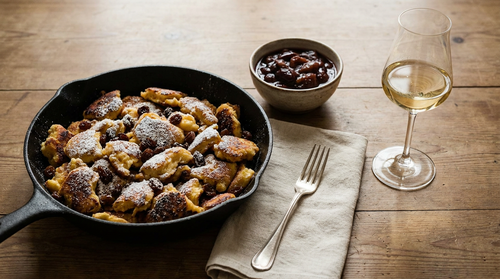 Kaiserschmarrn autrichien : une pâte à crêpe épaisse montée aux blancs, cuite en une seule galette, déchirée à deux fourchettes dans la poêle et caramélisée au sucre, avec des raisins au rhum