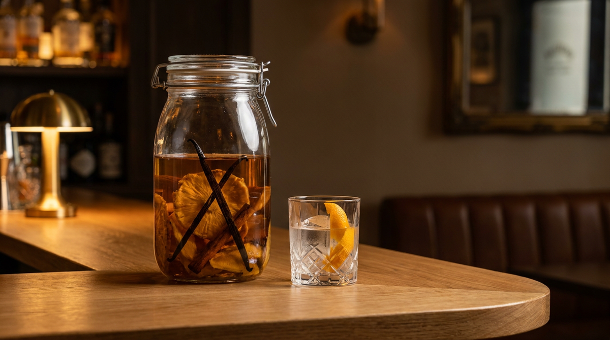 Grand bocal de rhum arrangé maison aux fruits et à la vanille sur un comptoir de chêne ciré, petit verre servi à côté, bar chaleureux flou derrière
