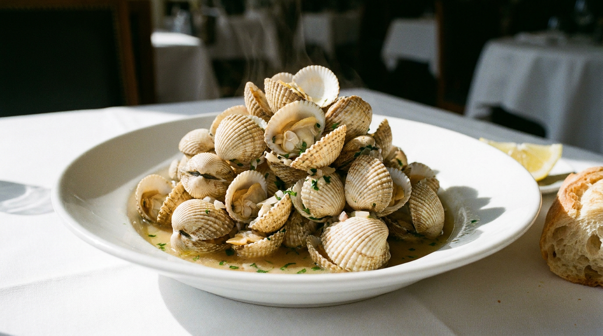 Coques ouvertes en tas généreux dans une assiette creuse, coquilles beiges côtelées, jus au vin blanc et persil, pain à côté