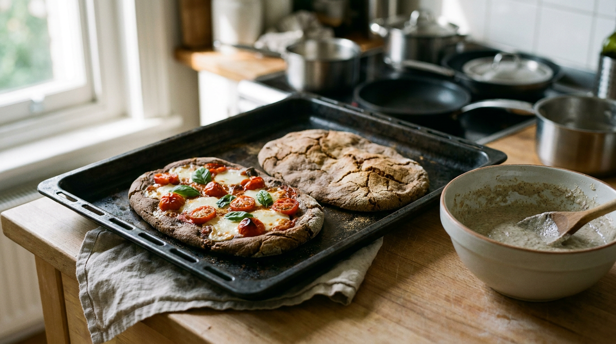 Deux pinsas sans gluten ovales cuites à blanc, dorées et craquelées sur une plaque de four, l'une garnie de tomates cerises rôties et de basilic, un bol de pâte souple à côté, cuisine de travail, lumière naturelle