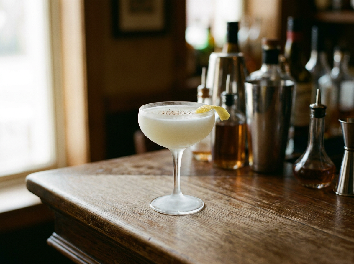 Cocktail Army and Navy pâle dans une coupe, note de muscade, lumière naturelle