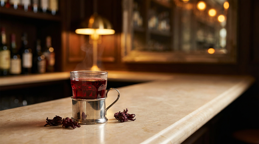 Karkadé rouge grenat translucide dans un verre à thé, fleurs d'hibiscus séchées à côté, comptoir de Crema Marfil