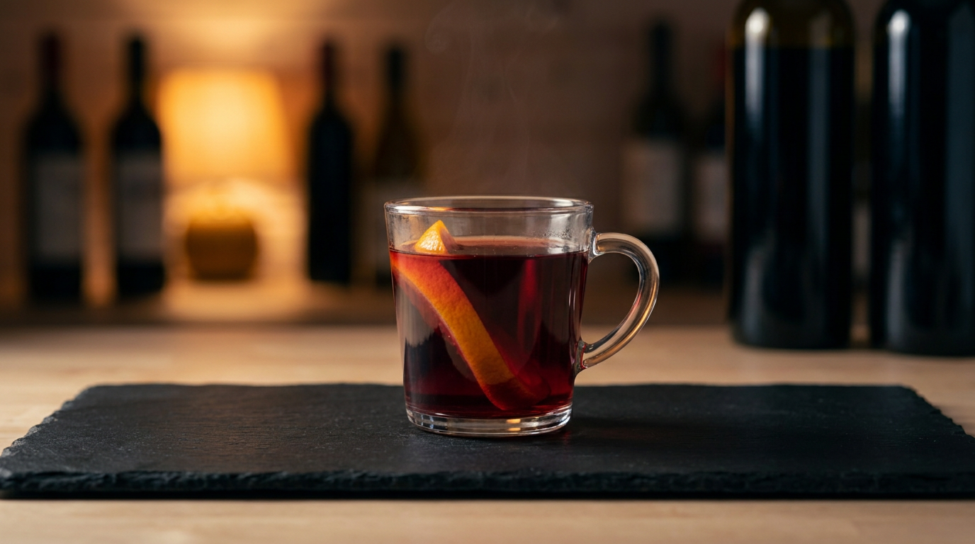 Glögg servi dans une tasse en verre à anse posée sur une ardoise noire