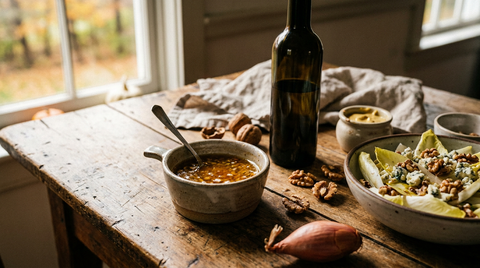 Pot en grès de vinaigrette à l'huile de noix, ambrée et brillante, avec une cuillère, bouteille d'huile de noix, cerneaux, échalote, moutarde et salade d'endives aux noix et au roquefort à côté, table de bois ancien, lumière d'automne