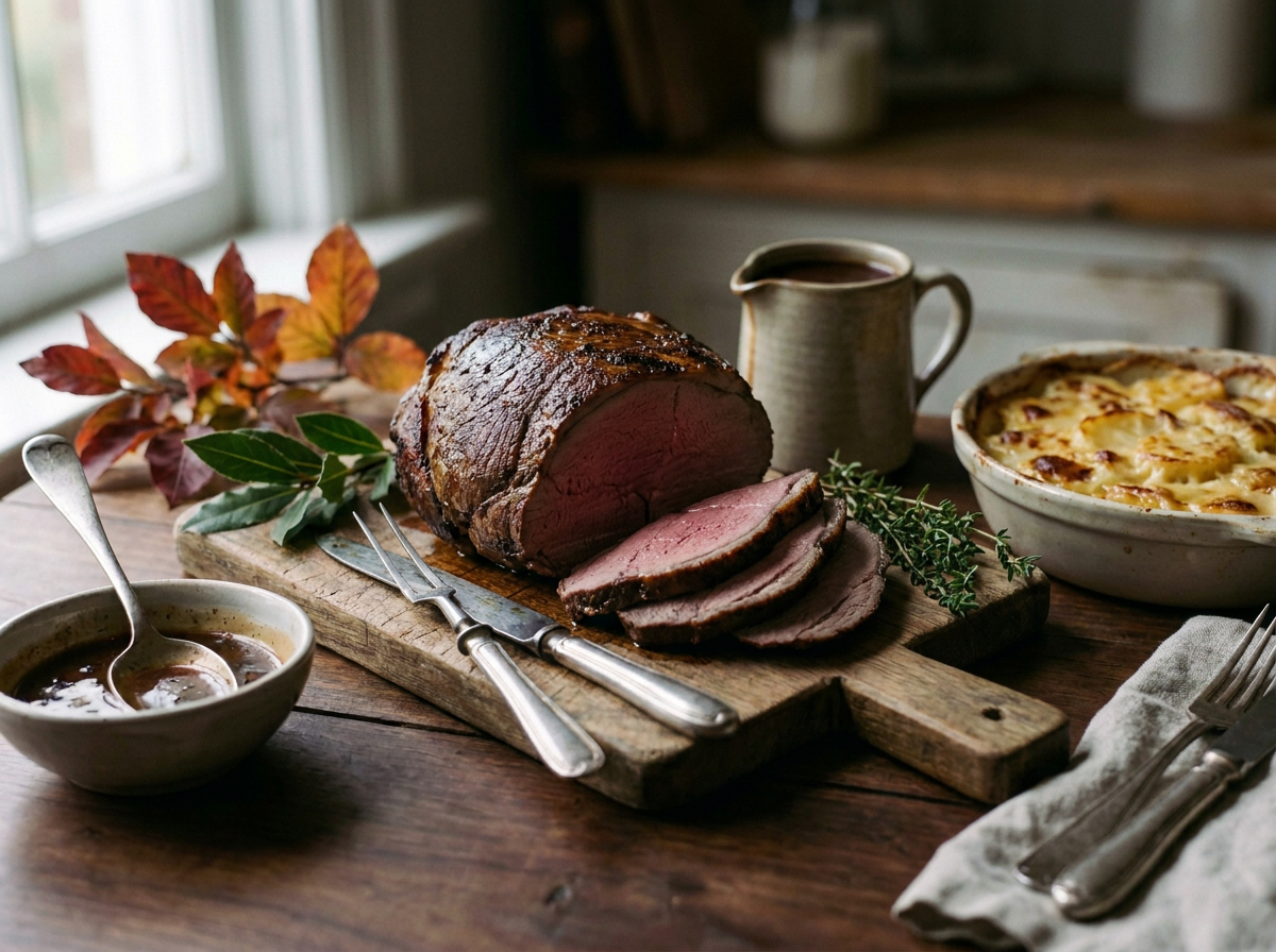Cuissot de chevreuil rôti sur une planche à découper, tranches rosées, jus en saucière, gratin de pommes de terre et feuillage d'automne