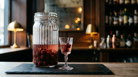Bocal de conservation rempli de cerises entières dans un alcool clair rosé et petit verre à pied servi devant, sur une ardoise noire mate, comptoir de bar en fin de journée