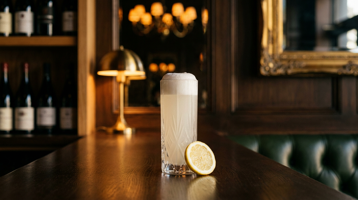 Gin Fizz sans alcool blanc cassé dans un verre haut, épais col de mousse dépassant du bord, rondelle de citron, comptoir de caviste