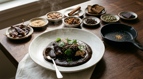 Mole poblano mexicain, sauce presque noire très épaisse et brillante sur du poulet, graines de sésame, et les ingrédients torréfiés à part