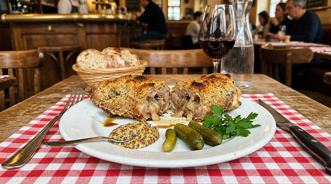 Pied de porc à la Sainte-Menehould pané et gratiné, coupé en deux tronçons laissant voir la chair confite et les couennes gélatineuses, avec moutarde à l'ancienne et cornichons sur une table de bistrot