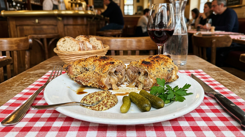 Pied de porc à la Sainte-Menehould pané et gratiné, coupé en deux tronçons laissant voir la chair confite et les couennes gélatineuses, avec moutarde à l'ancienne et cornichons sur une table de bistrot