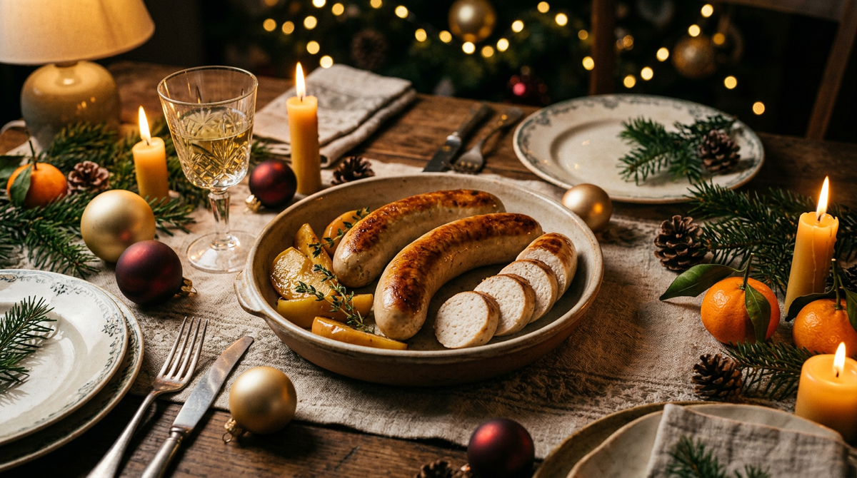 Boudins blancs dorés à la peau intacte et pommes caramélisées dans un plat, sur une table de Noël avec bougies allumées, guirlande de sapin, boules dorées et rouges et mandarines