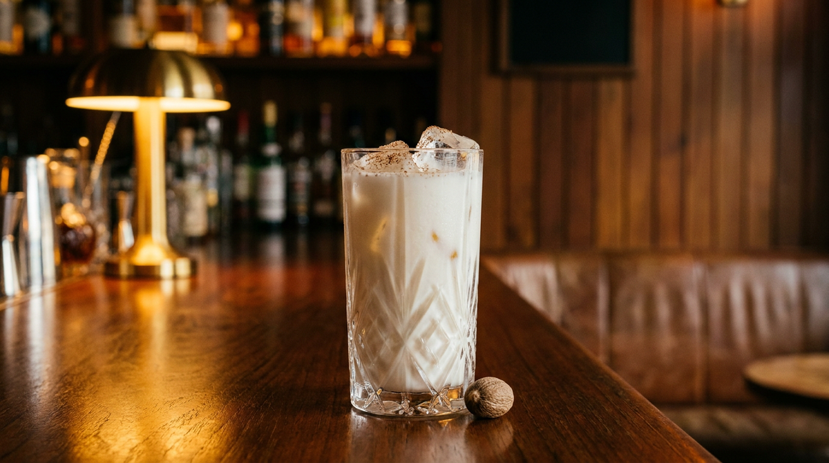 Punch coco antillais sur glaçons, voile de muscade râpée, sur un comptoir de bar en teck poli