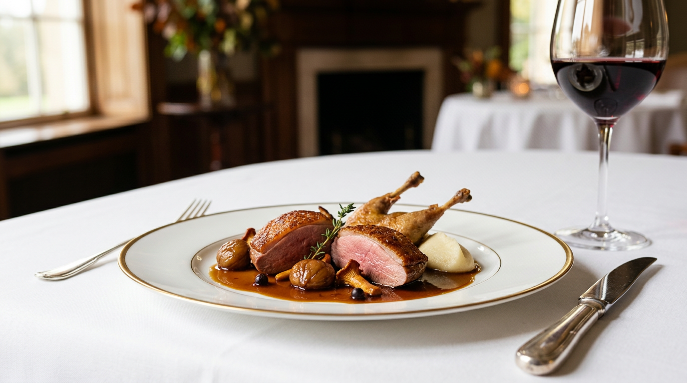 Filets de pigeon rôtis à la peau dorée et à la chair rose franc, tranchés en biais, avec cuisses confites, châtaignes, girolles et jus court, dans une assiette à liséré doré