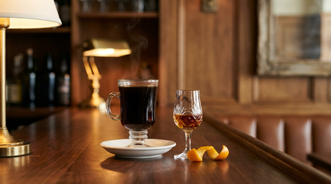 Verre à pied de café noir fumant sur sa soucoupe et petit verre d'armagnac ambré à côté, zeste d'orange posé, sur un comptoir de noyer sombre