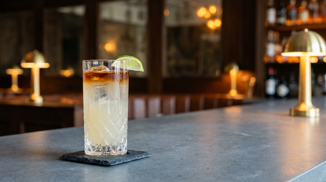 Dark'n Stormy sans alcool en deux couches, ambre foncé sur pale, dans un grand verre glacé, quartier de citron vert, ardoise noire