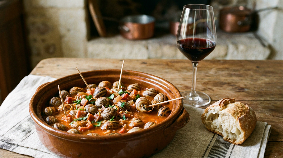Escargots à la bordelaise, petits-gris dans leurs coquilles mijotés dans une sauce rouge à la tomate, au jambon et à l'ail, cocotte en terre, cure-dents, persil, pain de campagne, verre de rouge, table de ferme en bois, lumière chaude