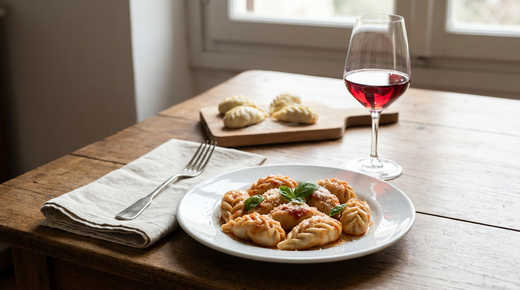 Assiette de culurgiones sardes à la fermeture tressée en épi, nappés de sauce tomate et de pecorino, culurgiones crus sur une planche, verre de vin rouge, table de bois