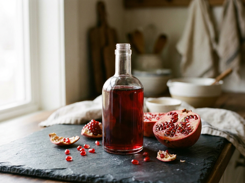 Bouteille de grenadine maison rouge rubis, grenade coupée et graines brillantes sur une ardoise sombre