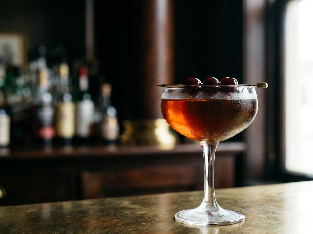 Cocktail La Louisiane dans un verre à cocktail, robe ambrée profonde et trois cerises, lumière naturelle