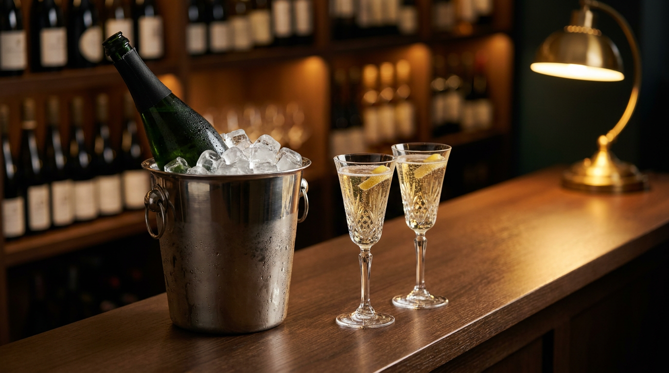 Seau à glace en argent avec une bouteille de pétillant et deux verres à pied servis, au bout d'un comptoir de caviste en chêne