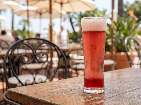 Monaco dans un grand verre à bière : bière blonde teintée de grenadine rose-rouge, mousse, terrasse ensoleillée