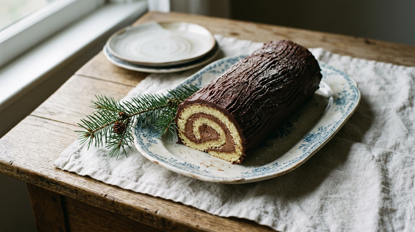 Bûche de Noël roulée recouverte de ganache au chocolat travaillée à la fourchette, une extrémité tranchée montrant la spirale régulière du biscuit et de la crème