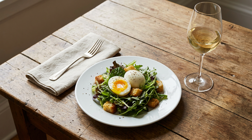 Œufs mollets écalés sur salade verte aux croûtons, jaune crémeux, verre de vin blanc