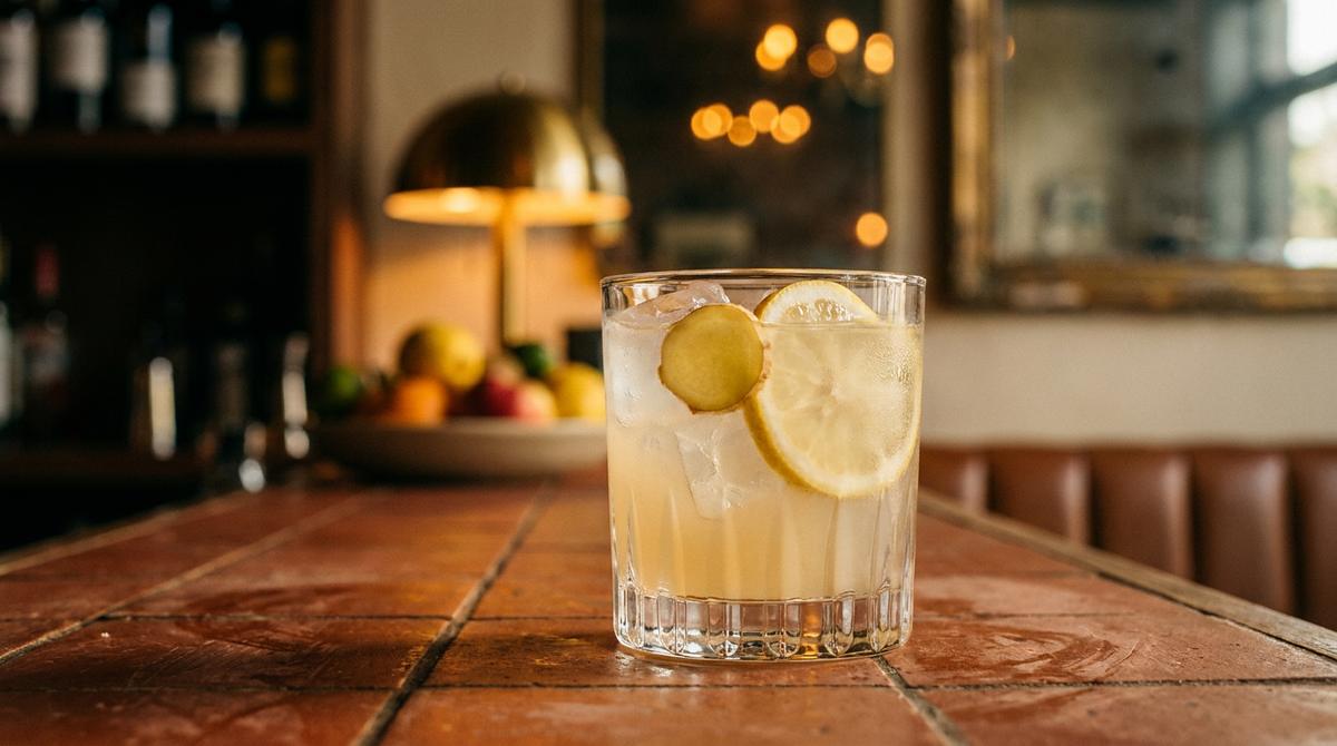 Limonade au gingembre dorée dans un verre droit sur glace, rondelle de gingembre et tranche de citron, comptoir en tomettes
