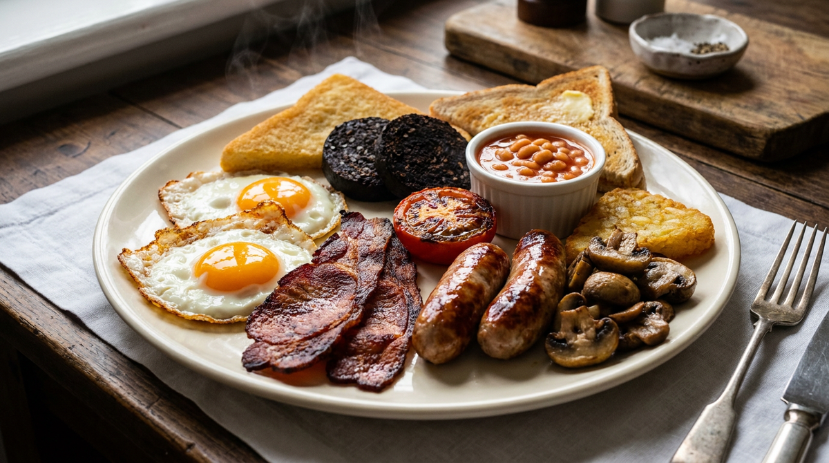 Full English breakfast complet, œufs au plat, bacon croustillant, saucisses, boudin noir, tomate grillée, champignons et haricots