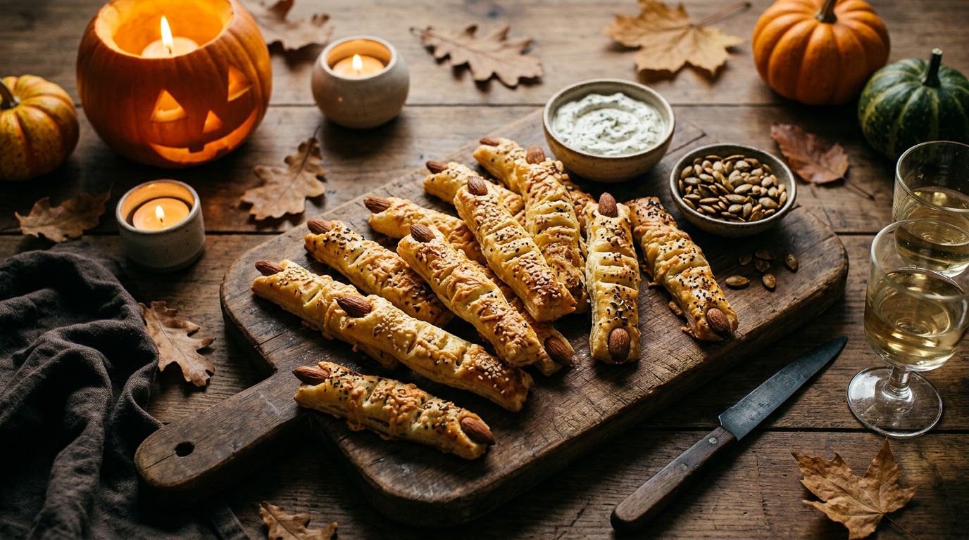 Feuilletés apéritif en forme de doigts de sorcière, dorés et levés avec une amande au bout, sur une planche, dans une ambiance d'Halloween : lanterne en citrouille, bougies, feuilles mortes et courges