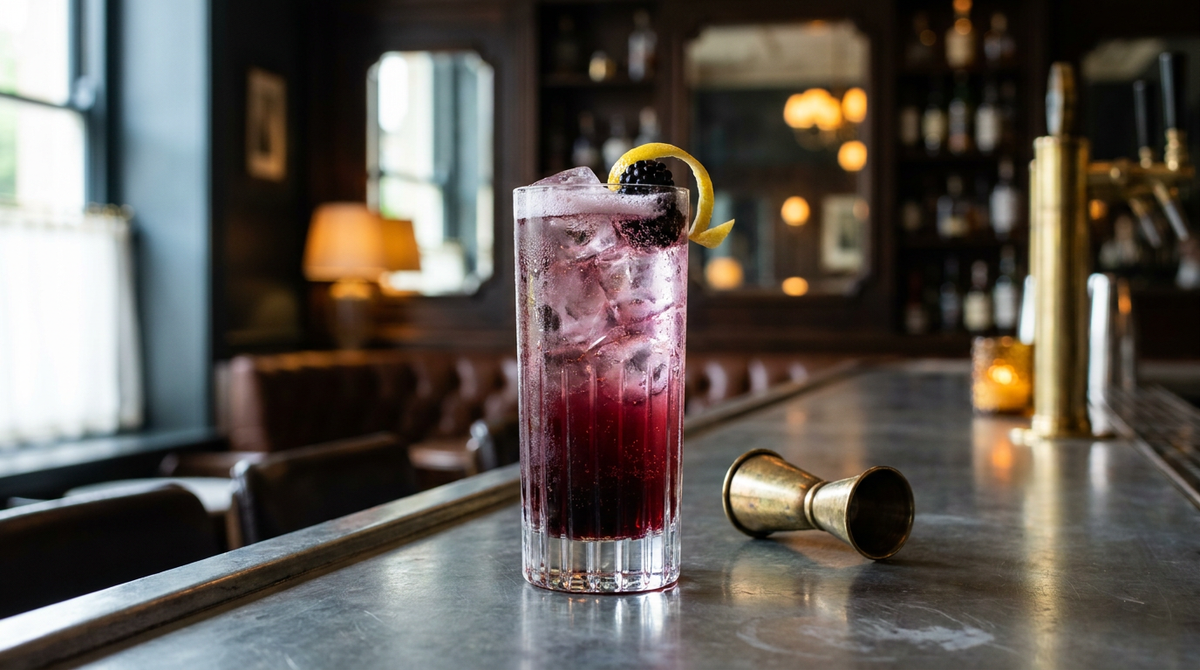 Russian Spring Punch rouge violacé dans un grand verre plein de glace, mousse fine de crémant en surface, mûre et zeste de citron, comptoir de zinc patiné, bar chic flou
