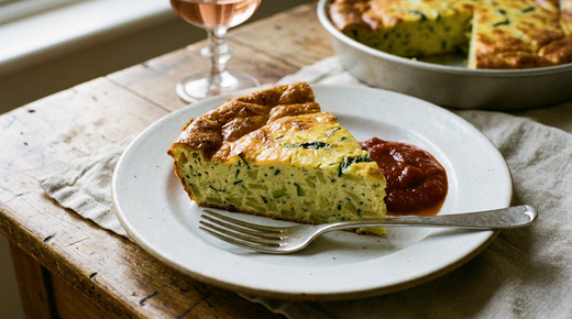 Part de flan de courgettes sur une assiette blanche, appareil jaune pâle piqué de morceaux de courgette et de basilic, dessus doré, cuillère de sauce tomate, fourchette à plat, le flan entier en arrière-plan, verre de rosé, table en bois