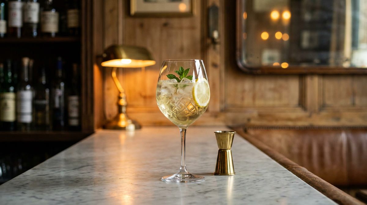 Cocktail au vin blanc et à la menthe dans un verre à pied sur glace, brin de menthe et rondelle de citron, comptoir en marbre