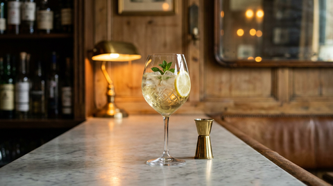Cocktail au vin blanc et à la menthe dans un verre à pied sur glace, brin de menthe et rondelle de citron, comptoir en marbre