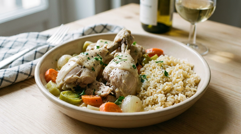 Poule au riz servie dans un plat creux, morceaux napés de sauce blanche veloutée, riz cuit au bouillon, carottes et poireaux fondants