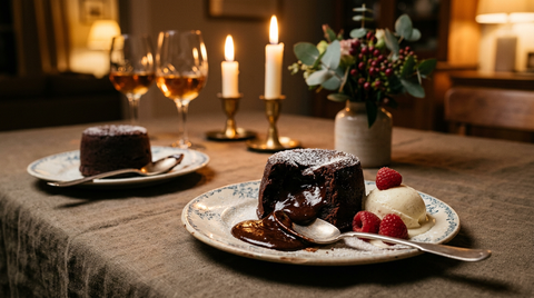 Fondant au chocolat démoulé et ouvert à la cuillère, cœur de chocolat fondu coulant sur l'assiette, quenelle de glace vanille et framboises, sur une table dressée pour deux aux bougies