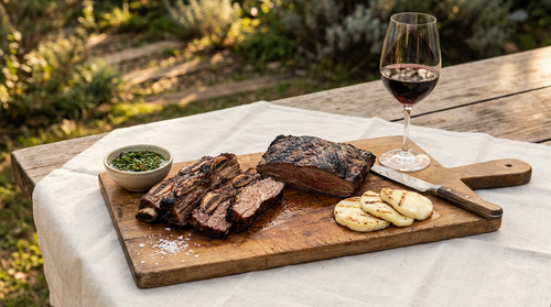 Asado argentin : des braises et jamais de flamme, la viande loin du feu, salée au gros sel avant, retournée une seule fois, et le chimichurri à côté