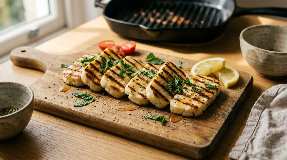 Tranches d'halloumi grillées sur une planche, surface dorée marquée de traits de gril bruns, cœur blanc et ferme, feuilles de menthe fraîche, quartiers de citron, filet de miel, tomates cerises, table de bois clair, lumière du midi