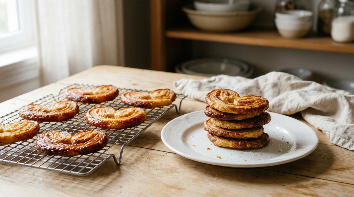Palmiers feuilletés dorés et caramélisés en forme de cœur, feuilletage visible en spirale, empilés sur une grille et dans une assiette, sucre cristallisé brillant sur les bords, table de goûter en bois, lumière chaude
