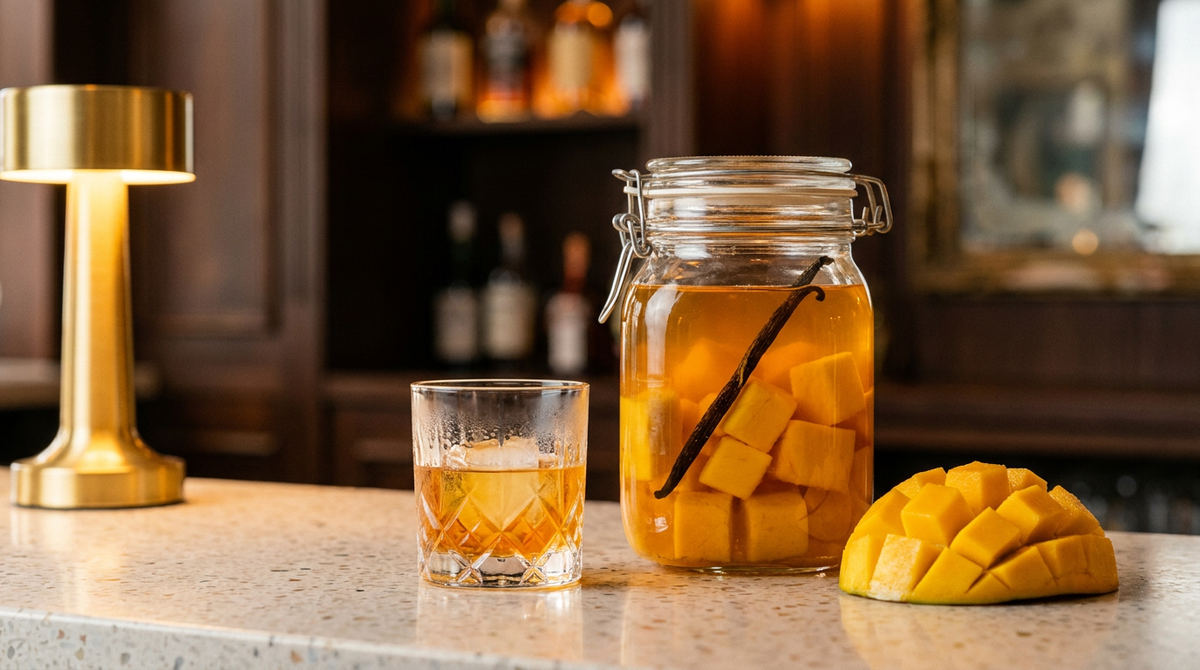 Bocal de rhum arrangé à la mangue, gros cubes de mangue dorée et gousse de vanille dans le rhum, sur un comptoir de terrazzo clair, petit verre servi, bar chic flou et lampe de laiton