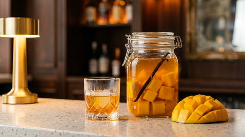 Bocal de rhum arrangé à la mangue, gros cubes de mangue dorée et gousse de vanille dans le rhum, sur un comptoir de terrazzo clair, petit verre servi, bar chic flou et lampe de laiton