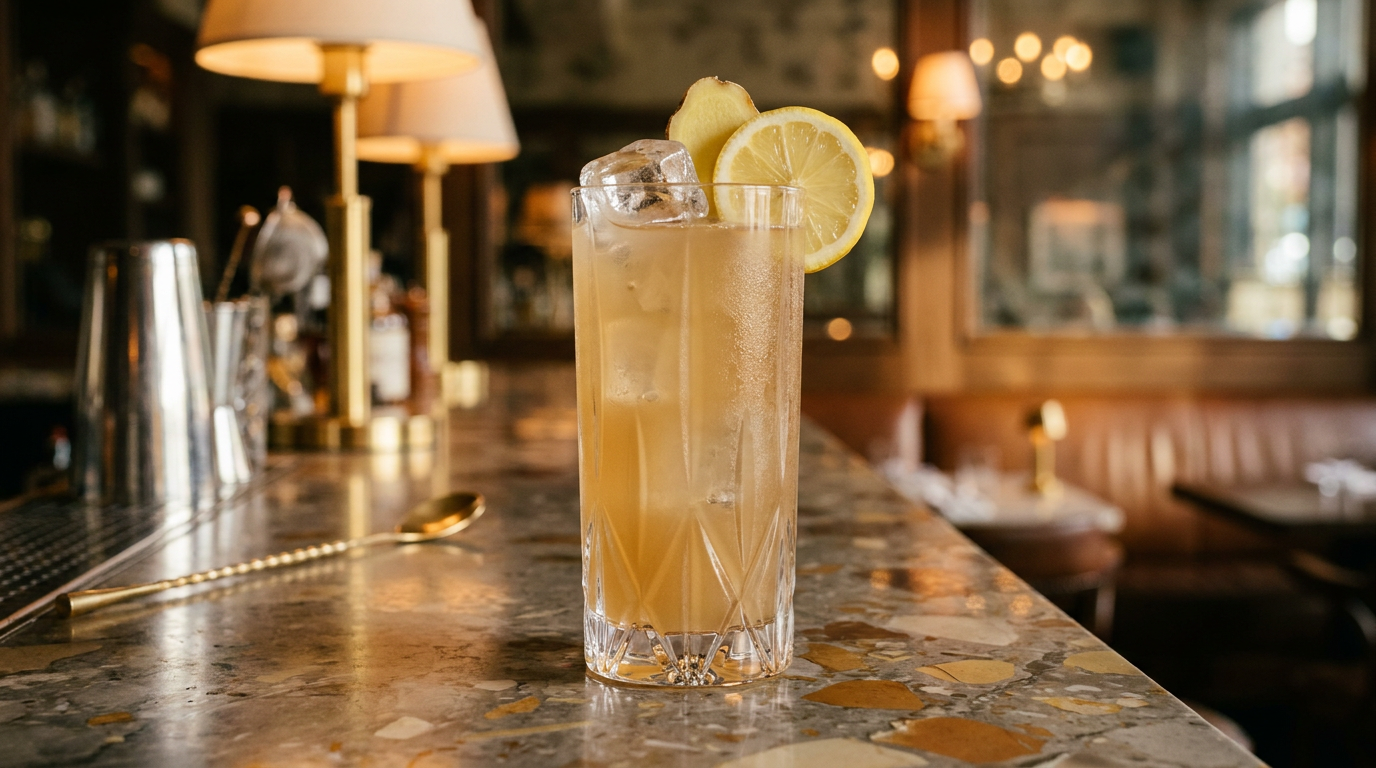 Switchel doré légèrement voilé dans un verre haut avec glaçons, rondelle de gingembre et roue de citron, comptoir de marbre Breccia Capraia