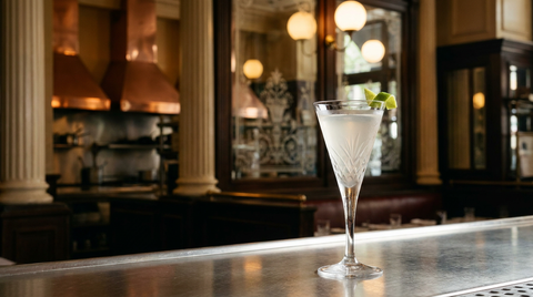 Left Bank Martini dans un verre à cocktail en cristal sur le comptoir d'une ancienne brasserie, robe blanc paille, zeste de citron vert