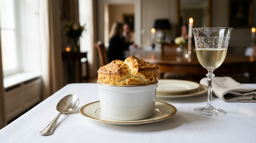 Soufflé au fromage sorti du four, chapeau bombé et doré dépassant nettement du moule à filet or, décrochement régulier tout autour du bord