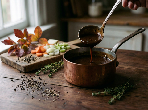 Sauce poivrade brune et poivrée versée à la louche dans une casserole en cuivre, grains de poivre concassés et mirepoix de légumes