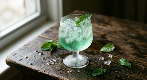 Verre à pied givré rempli de glace pilée et d'une liqueur vert menthe, feuille de menthe fraîche posée dessus, éclats de glace et feuilles de menthe sur une table en bois sombre