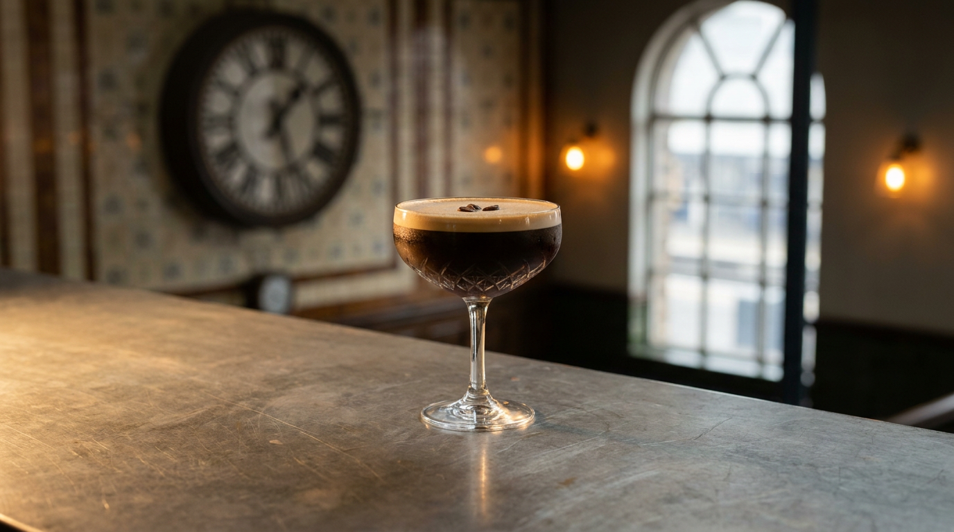Cocktail vodka-café en coupe de cristal, mousse beige et grains de café, sur le zinc d'un ancien buffet de gare sous la grande horloge