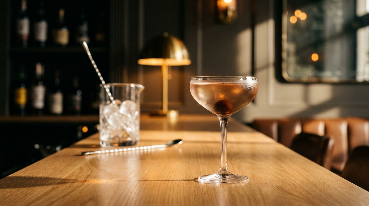 Reverse Manhattan ambre roux clair limpide dans une coupe glacée, cerise au fond, comptoir de chêne de Slavonie