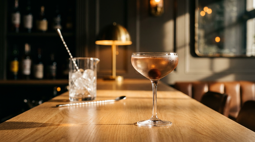 Reverse Manhattan ambre roux clair limpide dans une coupe glacée, cerise au fond, comptoir de chêne de Slavonie