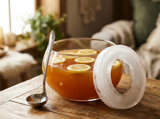 Fish House Punch dans un grand bol à punch en verre, couleur ambrée, rondelles de citron et louche
